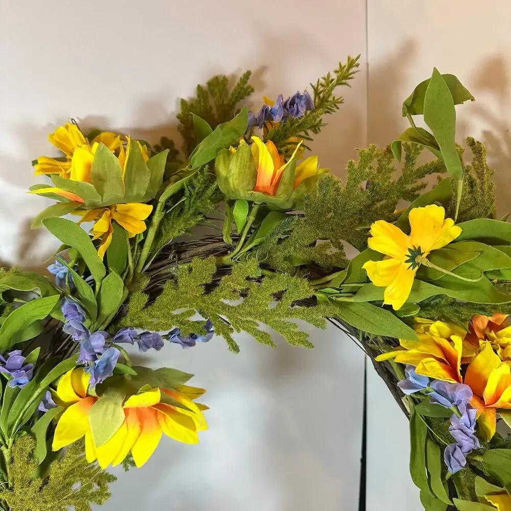 NWT Handmade Yellow Purple Floral Spring Wreath 16